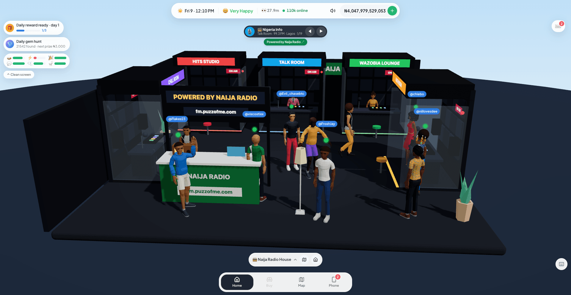 The Naija Radio House in Lagos Life, with virtual radio studios, players, and Powered by Naija Radio signage.