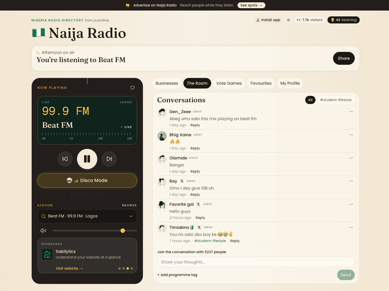 Naija Radio’s web player tuned to Beat FM, alongside listener conversations in The Room.